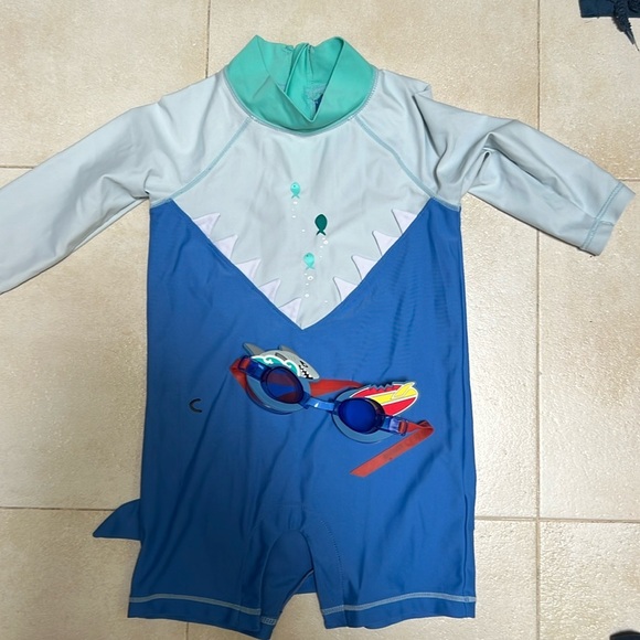 Kids Swim Shark Design Blue and Gray Swimsuit and shark goggles - Picture 1 of 7